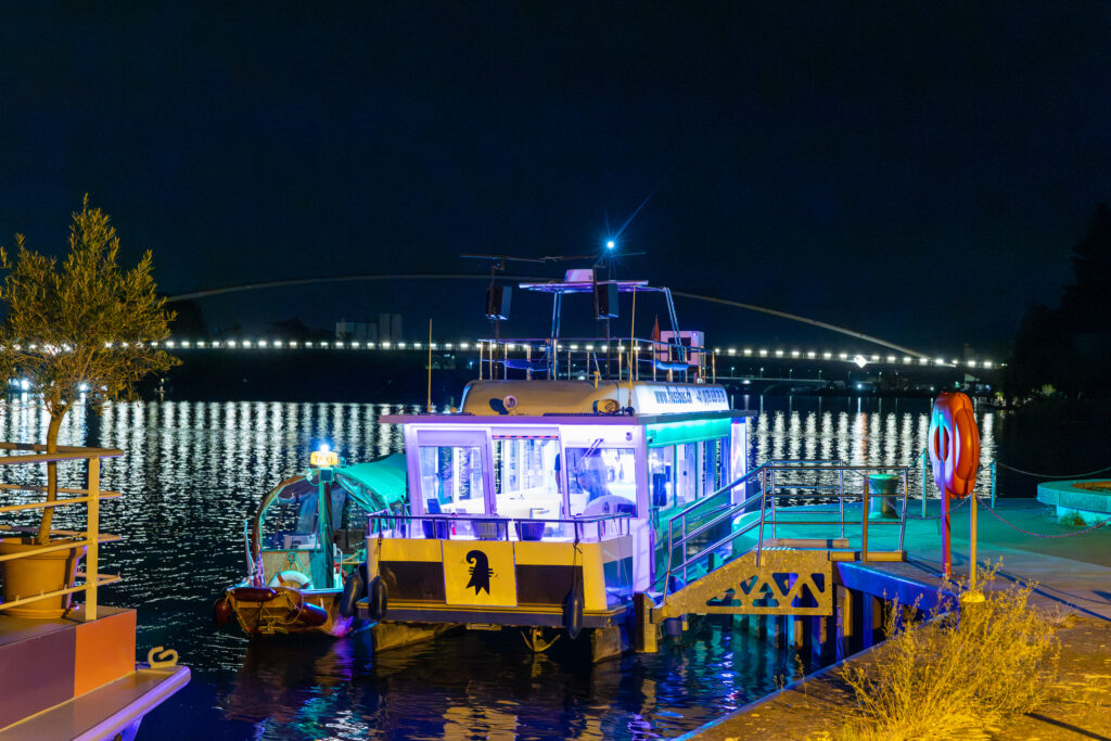 Beleuchtetes Schiff im Rheinhafen Basel bei Nacht